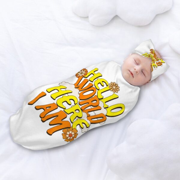 Hello World Baby Swaddle Sack with Baby Headbands - Image 2