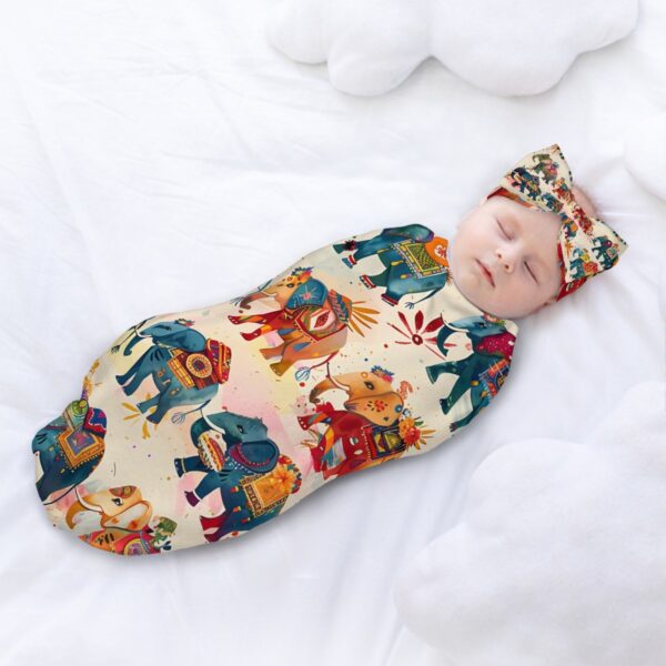 Boho Elephant Baby Swaddle Sack with Baby Headbands - Image 2