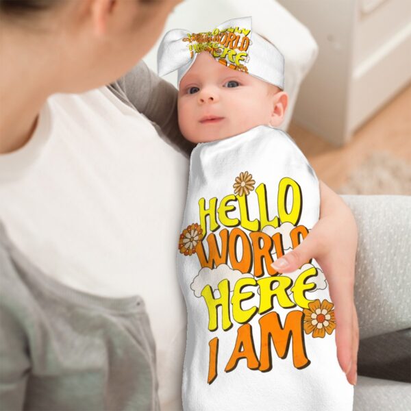 Hello World Baby Swaddle Sack with Baby Headbands - Image 3