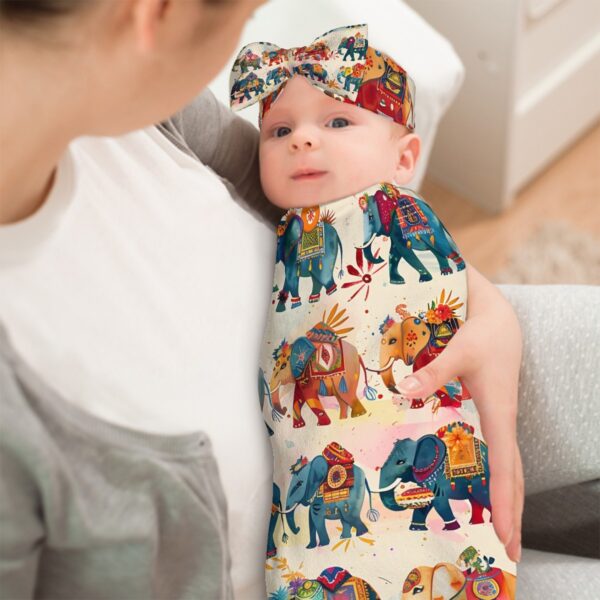 Boho Elephant Baby Swaddle Sack with Baby Headbands - Image 3