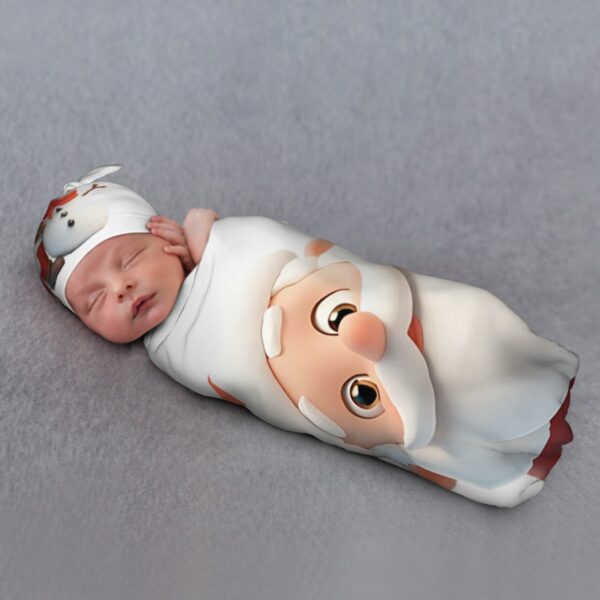 Cute Santa With Snowman Baby Swaddle Blanket & Beanie Hat Set - Image 5